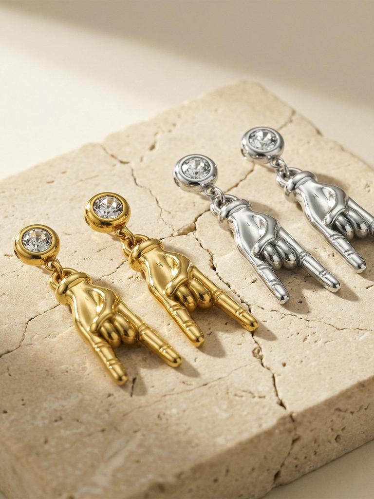 18k Gold-Plated Rock Hand Dangle Earrings with Inlaid Zirconia