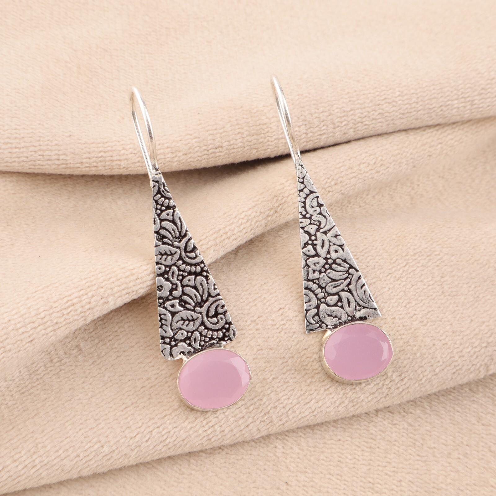 

Natural Rose Chalcedony Gemstone 925 Solid Silver Jewelry Handmade Earrings 1.9 EE-165-18