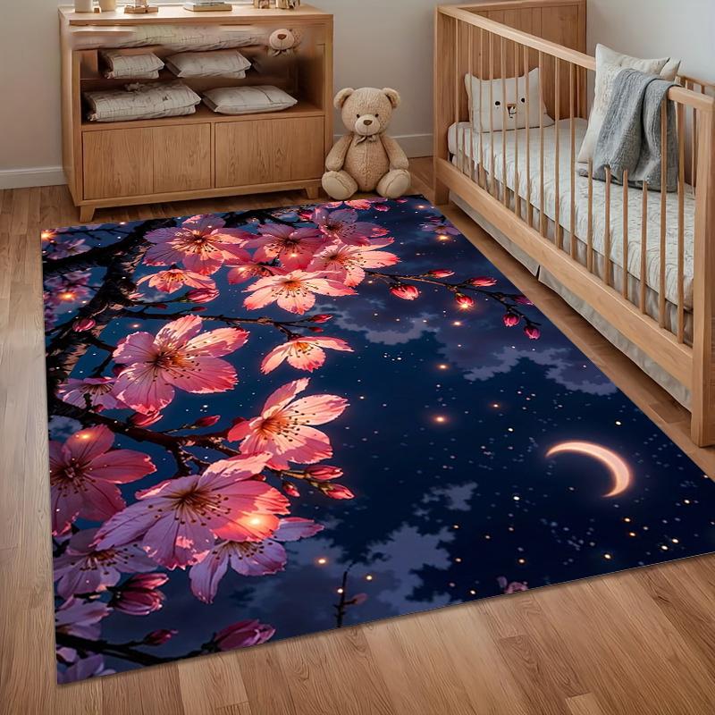 Romantic Cherry Blossom Area Rug Night Sky Moon Print Non Slip Washable Carpet for Living Room Bedroom Yoga Dreamy Home Decor