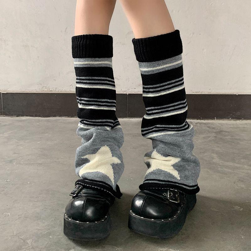 Women's Black and Gray Striped Star Leg Warmers: Knitted Slouch Socks for Spring, Autumn, and Winter - Wide-Leg, Calf, JK Style.