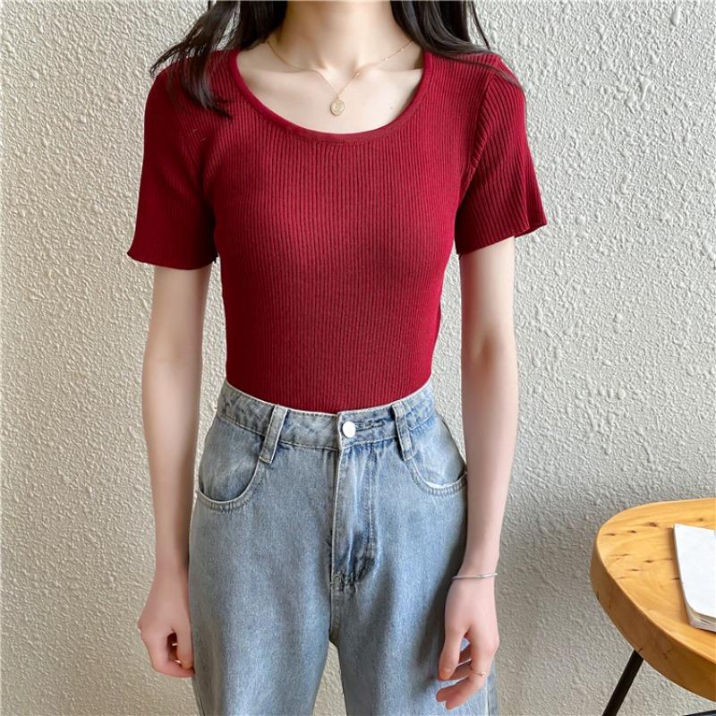 New Summer Round Neck Knitted Short Sleeve T-shirt Women Slim Fit Elastic Solid Casual Women's T Shirts Tops Fashion Elegant Simple Female Tee 26319