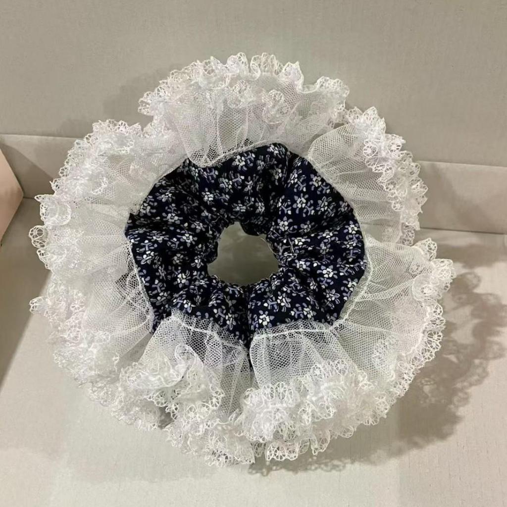 Elegant Korean Blue Striped Lace Trim Scrunchie