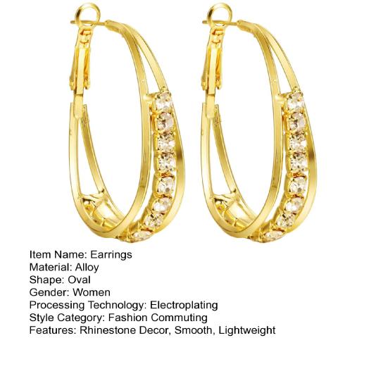 1 paire de cerceaux d'oreille pour femmes, ajouré, strass polis, décor en alliage de forme ovale galvanisé, bijoux d'oreille pour dames, bal de promo, Cocktail, boucle d'oreille suspendue