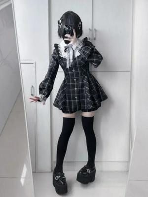 Japanese Fairy Sweet Lace Patchwork Plaid Dress Women Kawaii Grunge Ruffled Long Sleeve Dresses Aesthetic JK Lolita Vestidos