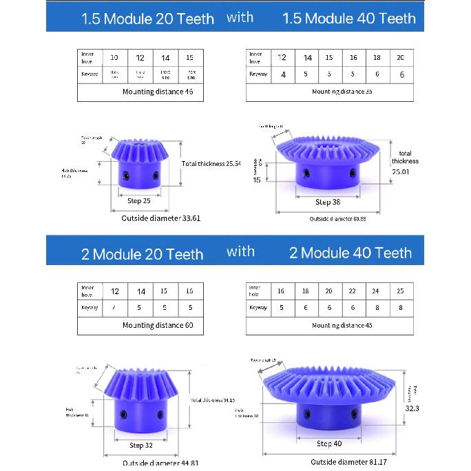 1:2 Nylon Bevel Gear 1M 15/30 20/40 Teeth 90 Degree Plastic Spur Bevel Gear BULE