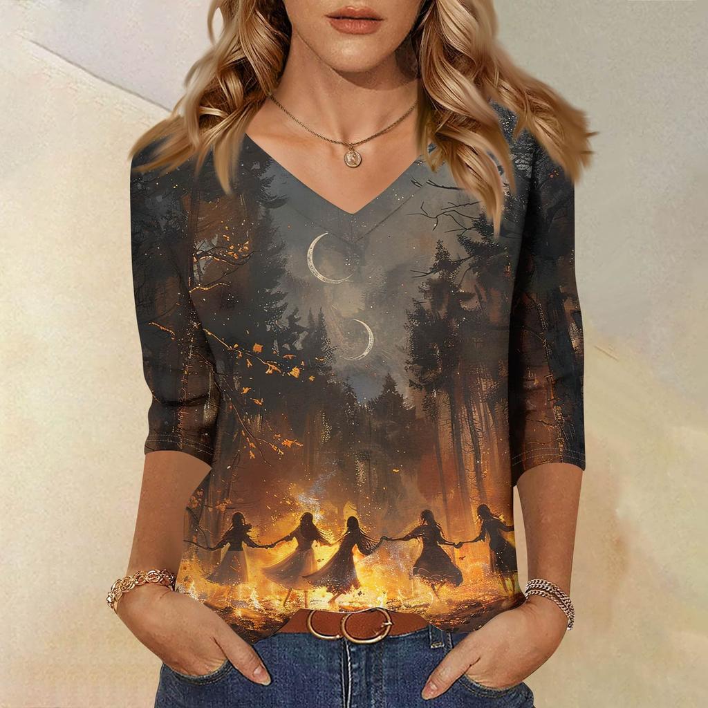 Damenoberteile Dreiviertelarmhemd V-Ausschnitt Lockeres Freizeitshirt Druck T-Shirt