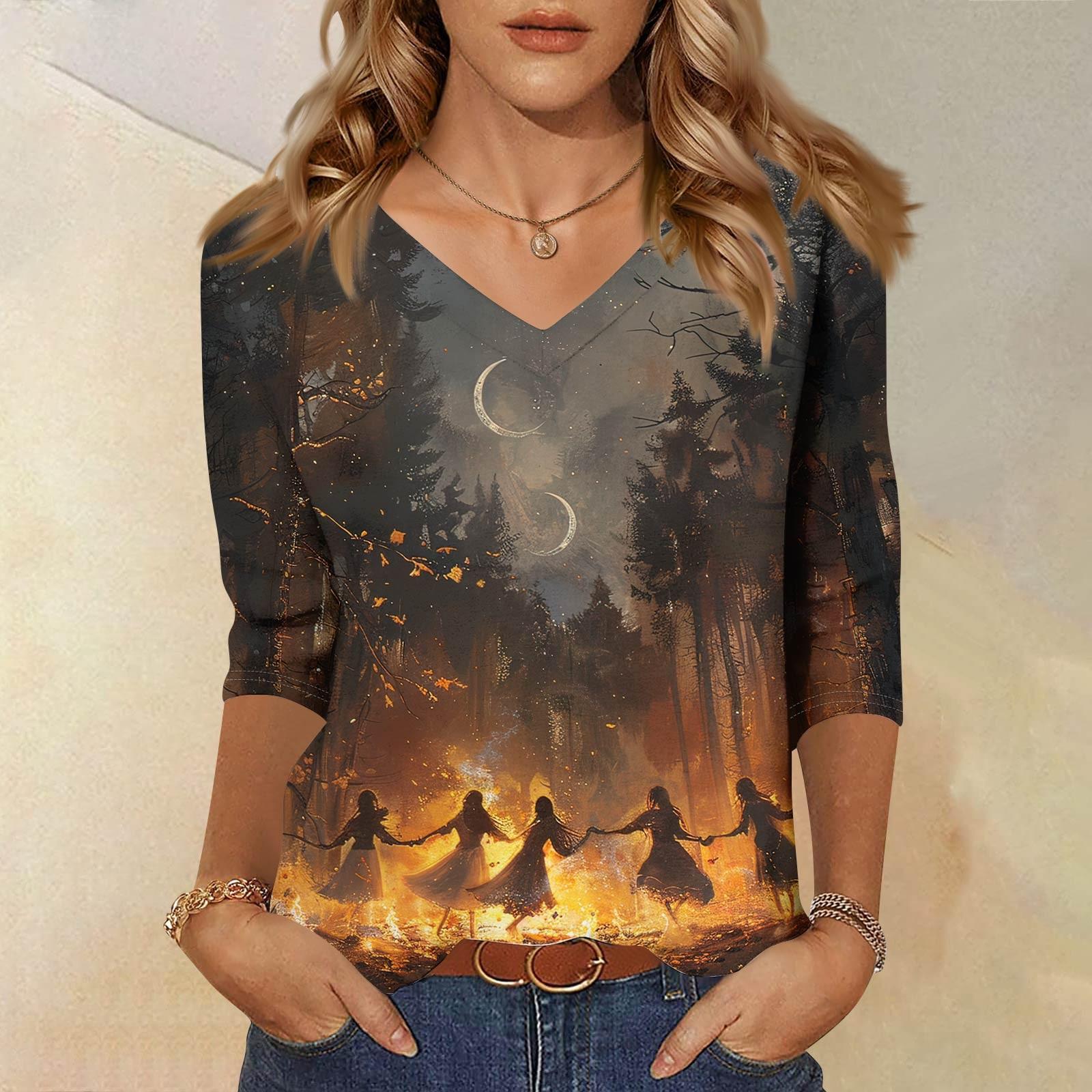 

Женские топы Рубашка с рукавом три четверти V-образный вырез Свободная повседневная рубашка Футболка с принтом L оранжевый