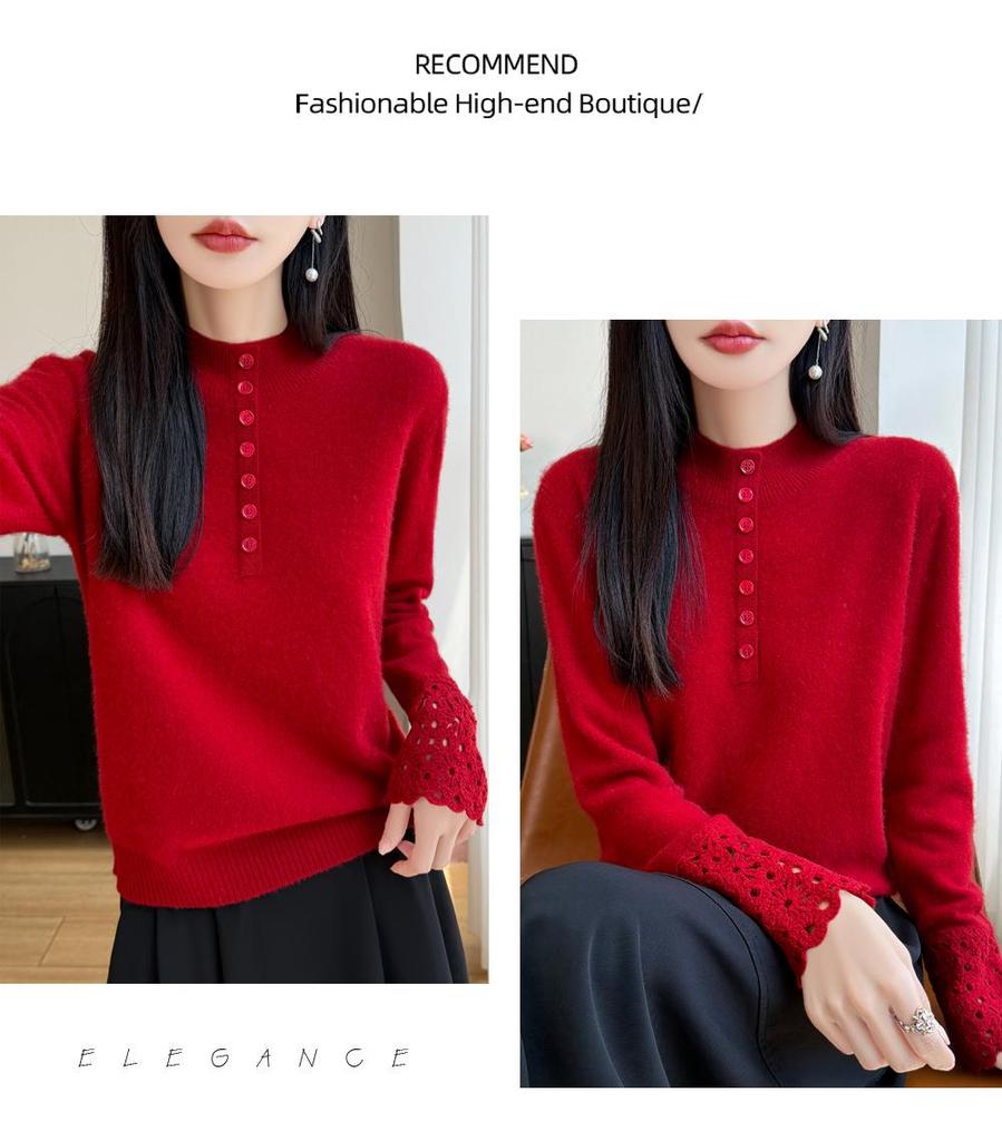 2025 Korean Style Women's Heavy Knit Wool Sweater: Versatile Hollow-Out, Half-High Neck, Slimming Base Layer