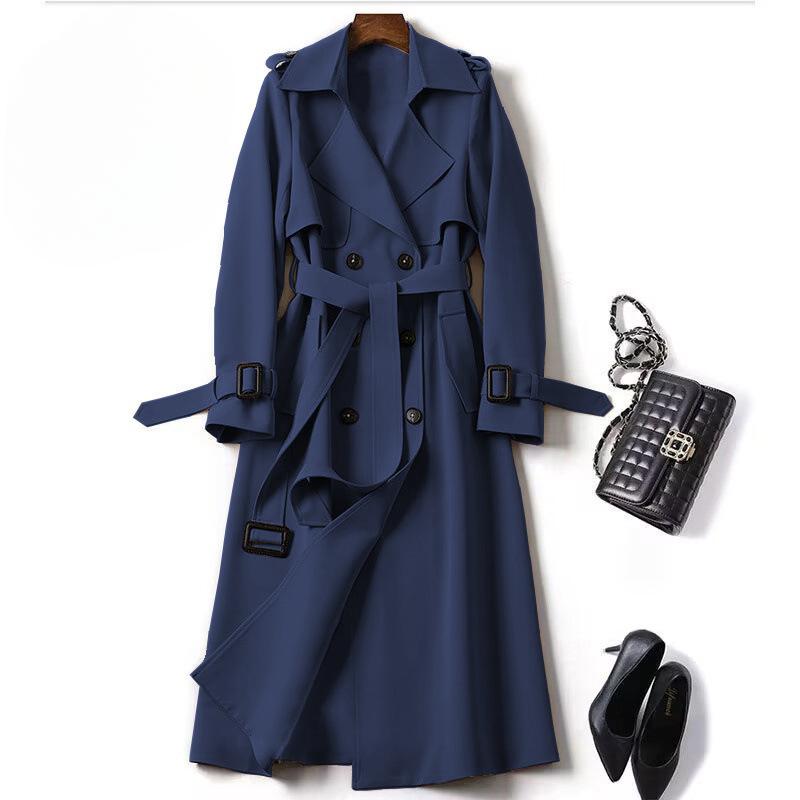 Long Trench Coat Women Lace Up Button Coats Full Sleeve Turn Down Collar Splice Jackets Solid Pockets Office Streetwear