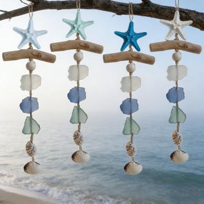 Sea Glass Wooden Nautical Wall Decor Handcrafted Starfish Shells Bathroom Hanging Decoration Beach Coastal Wall Art for Living Room Bedroom Dining