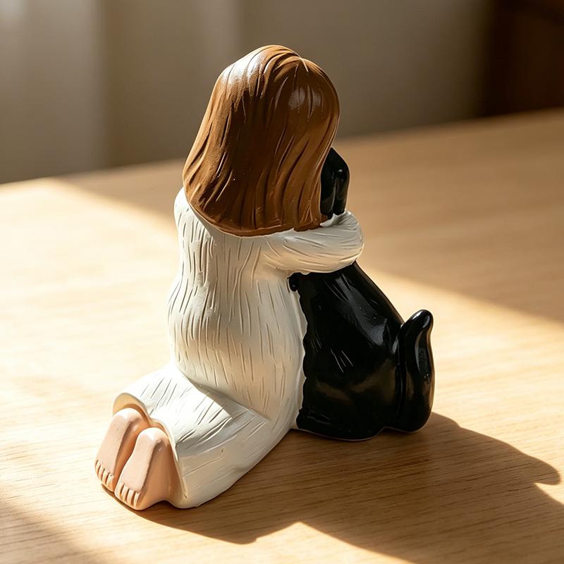 Statua in Resina Minimalista Ragazza Senza Volto & Cucciolo Decorazione Figurine Animale Domestico Dolce per Davanzale Scrivania Interni Casa di Campagna Accento Tavolo