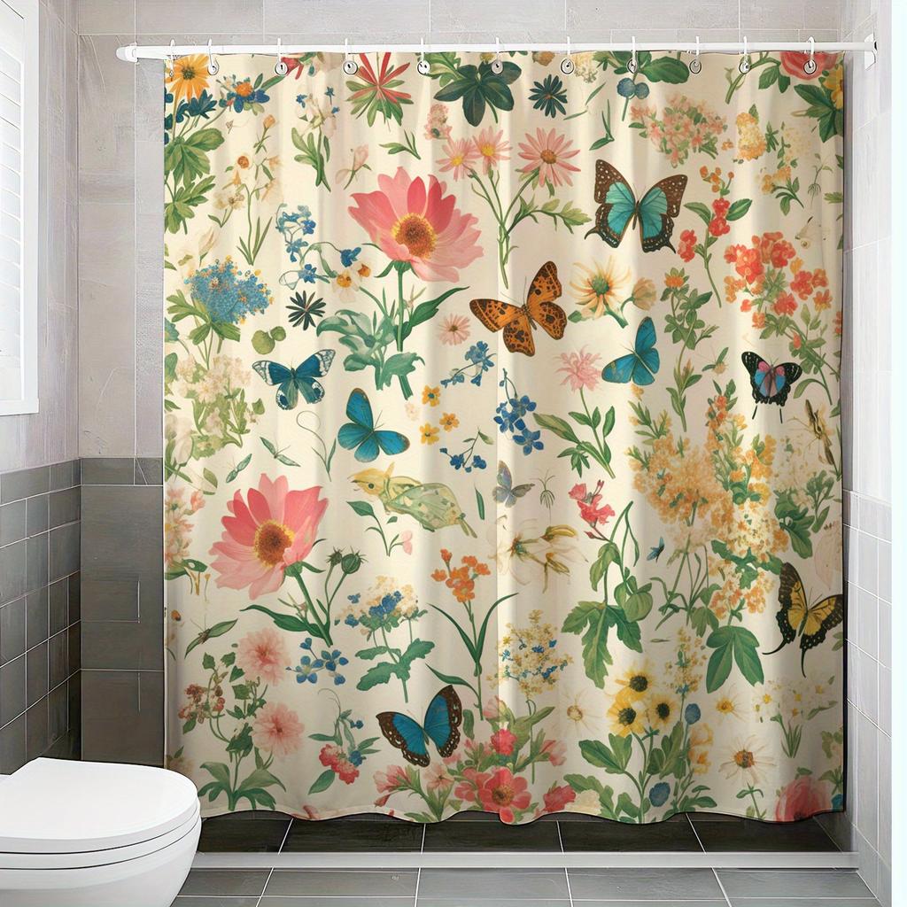 Shower Curtain: Vintage Floral and Butterfly Print for a Charming and Nature-Inspired Bathroom Decor