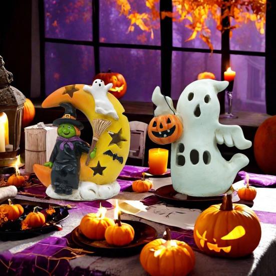 Halloween Decoration Light Up Ghost Pumpkin Witch Moon Figurine Spooky Glowing Resin Statue Tabletop Ornament for Living Room Kitchen Home Decor