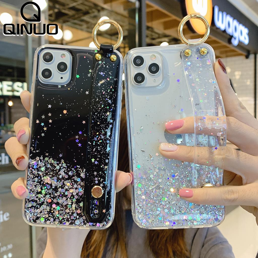 Glitter Shiny Star Sequins Wrist Strap Stand Case For iPhone 16 15 14 13 12 11 Pro Max Plus Mini XS XR X 87 Clear Silicone Cover