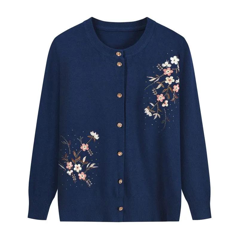 Grandma's Spring Autumn Flower Printing Knitwears Middle-Aged Mother Cardigan Embroidered Knitting Top for Women