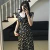 Coffee Break French Hepburn Style Black Floral Dress Children's Summer New Temperament Waist Long Dress Advanced