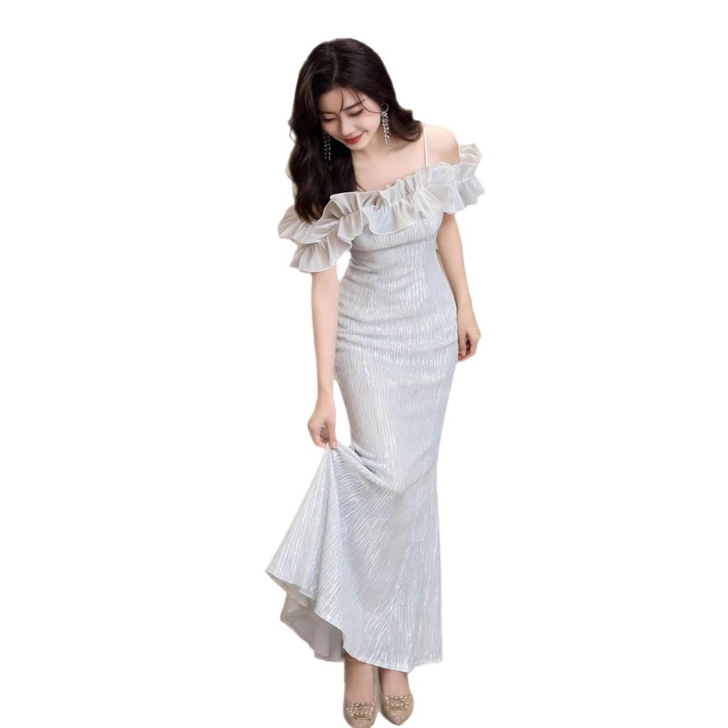 Beautiful Shoulder Host Sequined Evening Dress Banquet Annual Meeting Light Luxury Niche High-end Fishtail Skirt Small Man