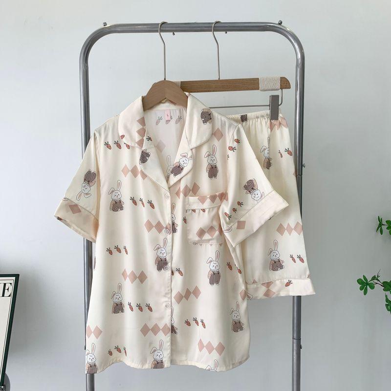 Japanese Cute Cartoon Pajamas 2025 New Two-Piece Suit Homewear Can Be Outwear Silk Pajamas Short-Sleeved Shorts
