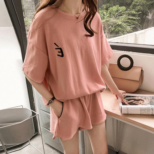 Women's Loose Fit Two Piece Outfit Round Neck Short Sleeve T-Shirt Elastic Waist Casual Shorts Tracksuit Set