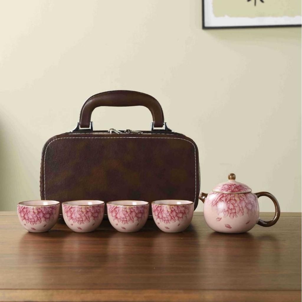 Ru Kiln Travel Tea Set One Pot Four Cups Retro Kung Fu Tea Set Ceramic Teapot Tea Cup Portable Outdoor Teaware Sets Leather Bag