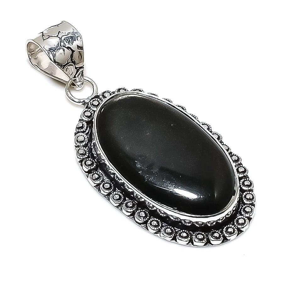Black Onyx Gemstone Handmade 925 Sterling Silver Jewelry Pendant 2.09" SU-10716