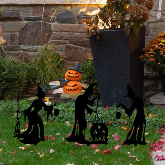 Yousheng 1/3Pcs Halloween Witch Decorative Garden Stake Weather-proof Metal Outdoor Patio Yard Lawn Spooky Witch Silhouette Sign Stake Ornament