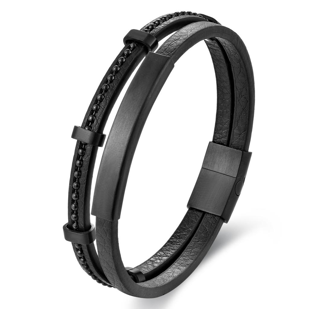 Black Leather Cord Cowhide Men's Double-layer Genuine Leather Woven Bracelet, Handmade Multi-layer Leather Bracelet