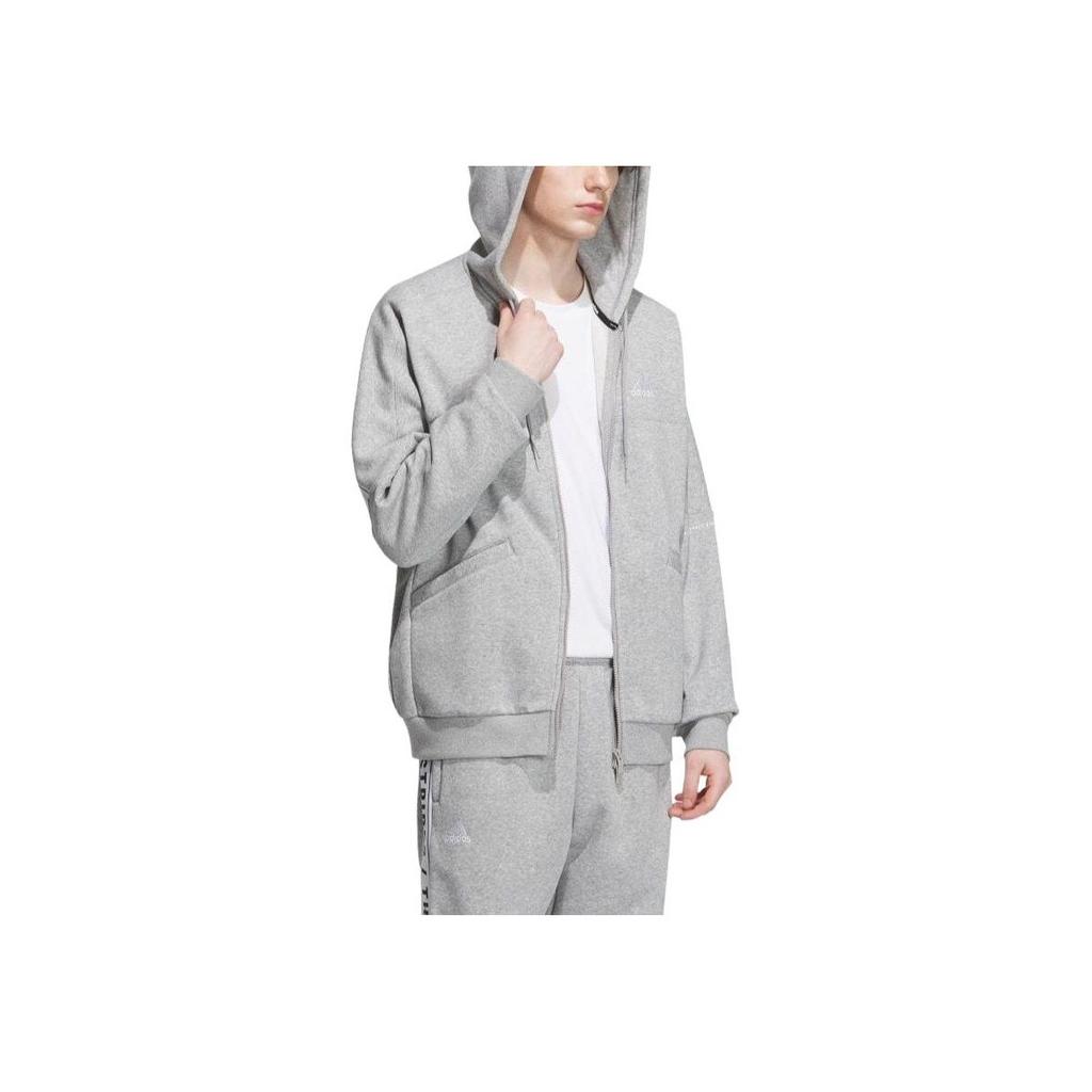 Adidas Bunda s kapucí na zip s dlouhým rukávem s potiskem pruhů a písmen Unisex bunda Šedá IK7327