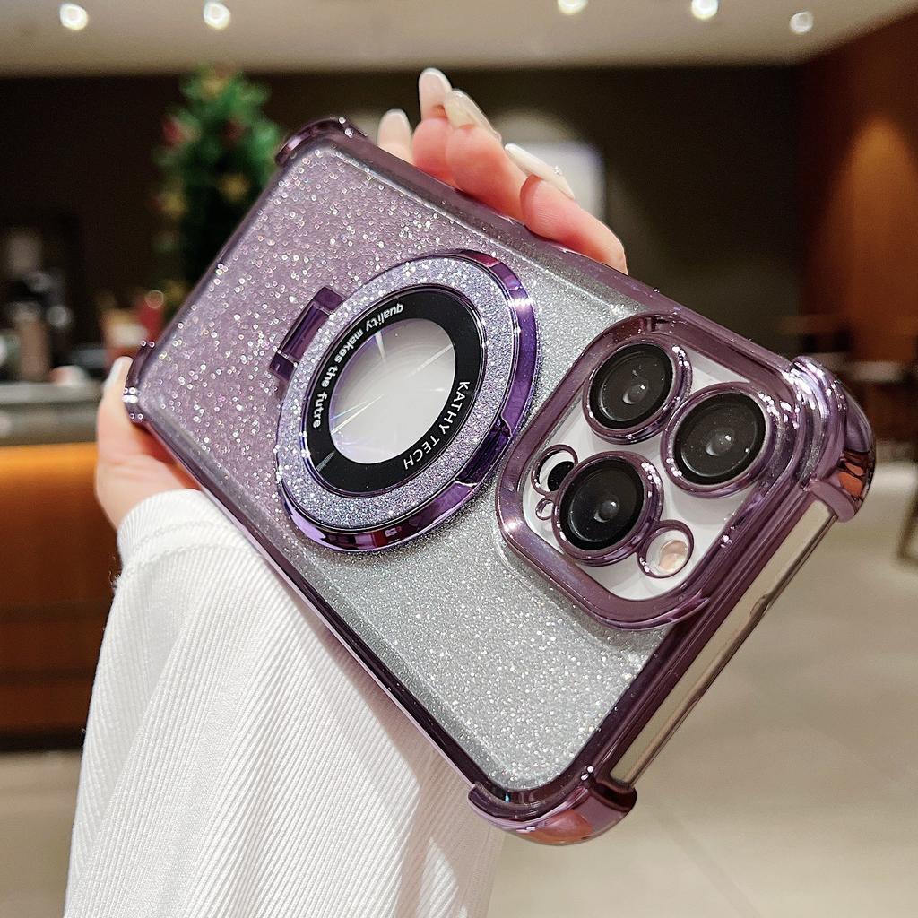 Gradient Electroplating Four Corner Anti-fall 11 Suitable for IPhone 16E Mobile Phone Case Apple 15 Flash Powder Magnetic Bracket Sheath 3