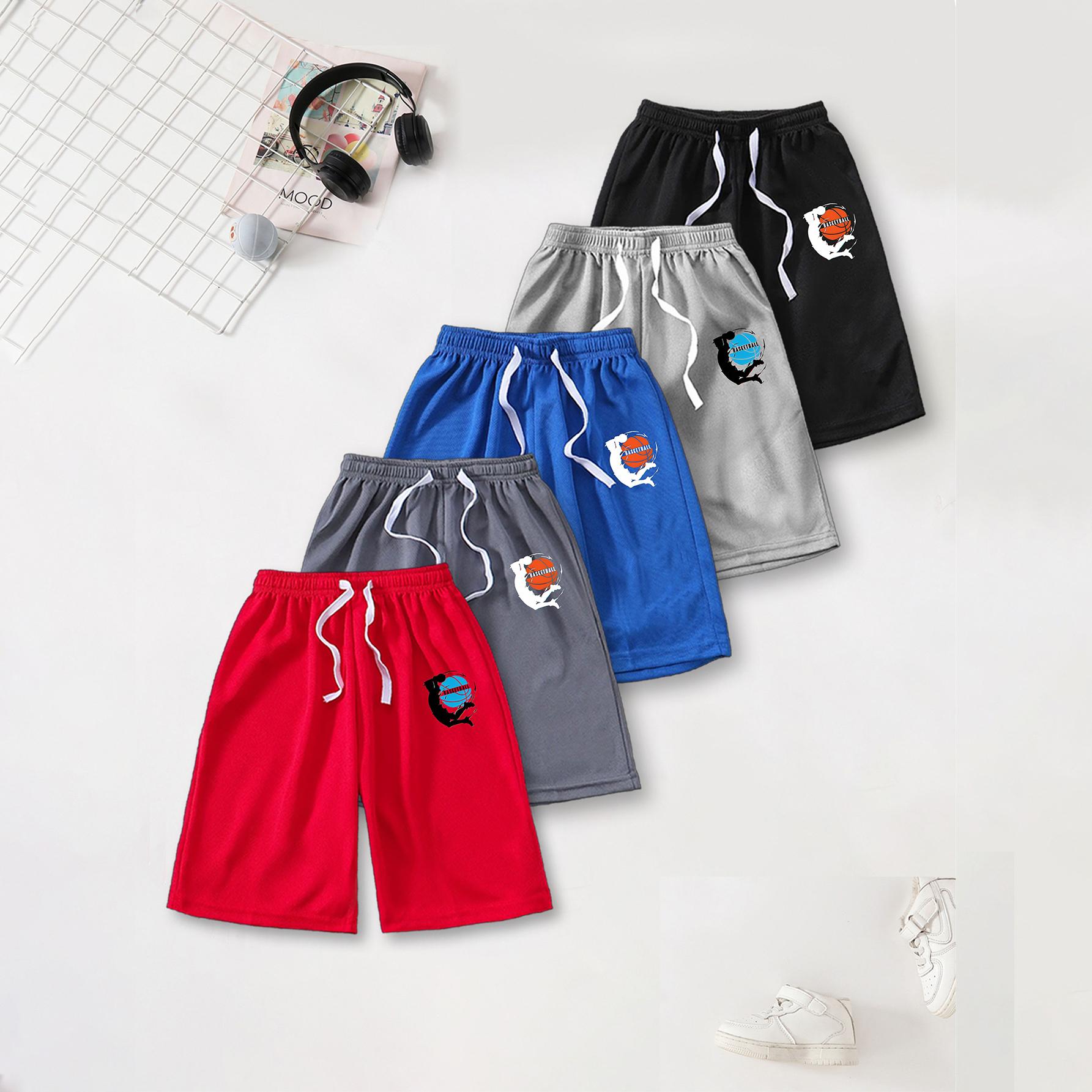 Boys Sports Shorts | Dunking Basketball Player Silhouette Print | 5 Colors Elastic Waist 120 чёрный/синий