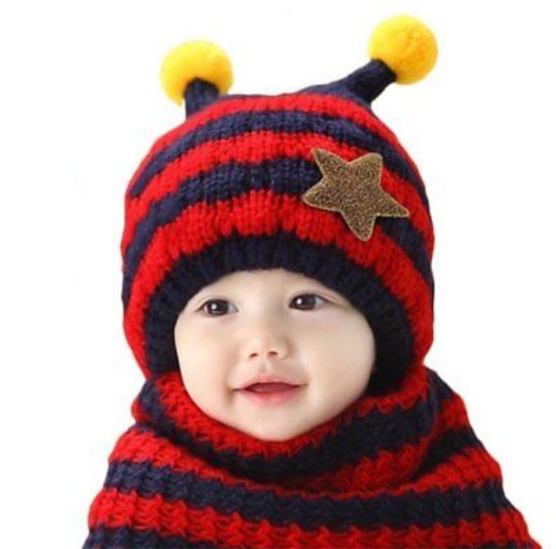 Winter Kids Hat With Plush Ear Protection Big Five-pointed Star Hat Scarf Set Striped Woolen Material Blue Yellow Orange Red Pink