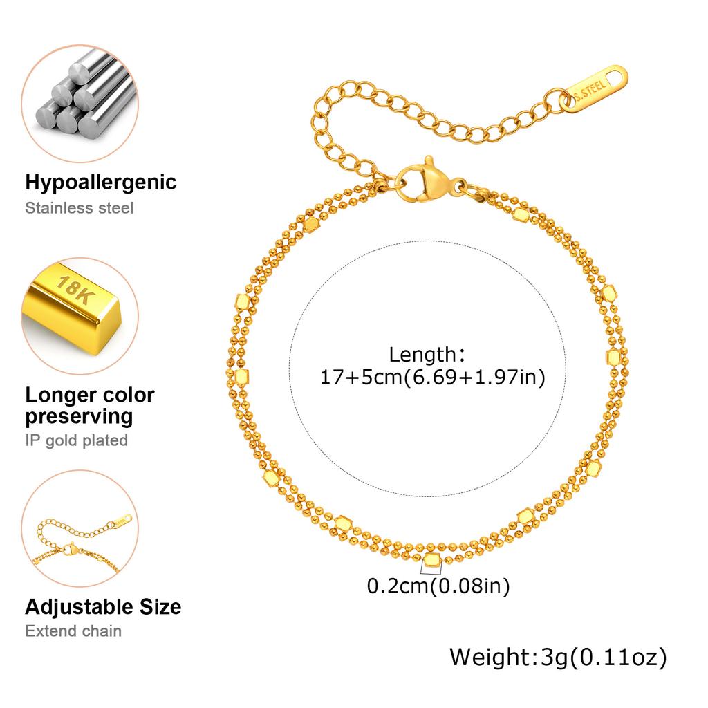 Minimalist Square Rice Bead Double-layer Bracelet, Women Stainless Steel 18K Gold Color Beads Chain Bracelet, Simple Jewelry