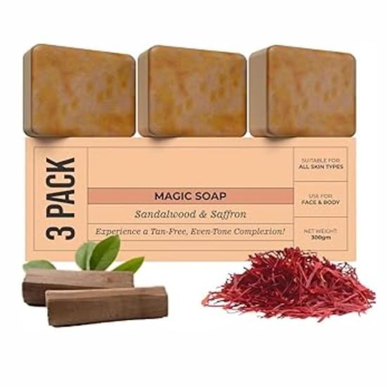 Ghar Magic Soap Tan Removal | Sandalwood & Saffron Magic Soaps For Bath (100 Gms Pack Of 3) | Paraben Free | Kesar Bath Soap | Men & Women