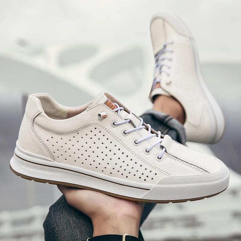 Fashion Mens Sneakers Genuine Leather Casual Outdoor Shoes Male Non-Slip Fashion Luxury Brand Footwear Quality Handmade White Shoe Men