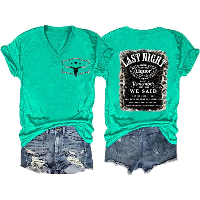 Women V‑Neck Short Sleeve T‑Shirt Double‑Sided Letter Print Casual Street Fashion Ladies Top S‑3XL