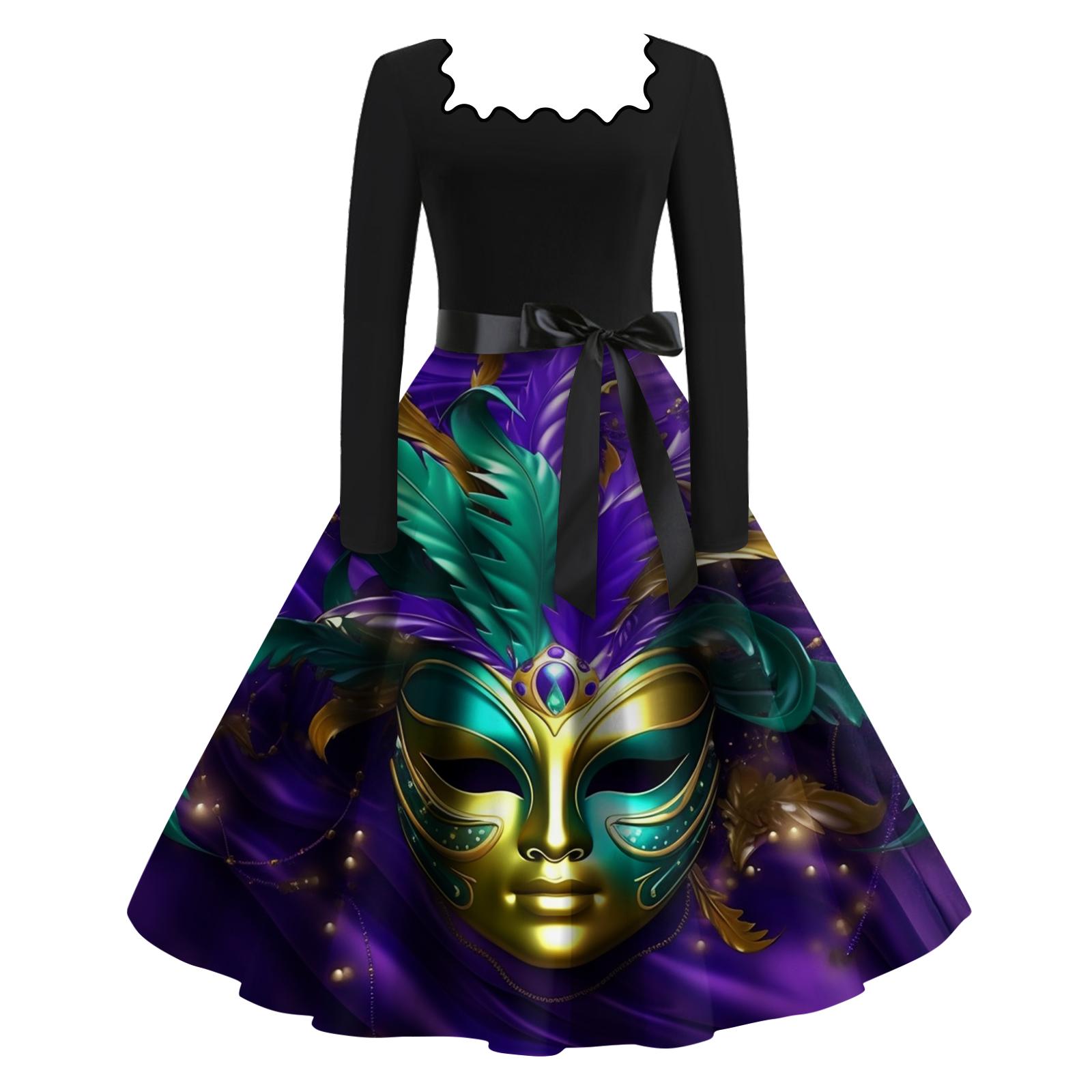 

Women s Casual Fashion Square Neck Long Sleeve Carnival Print Dress XXL чорний