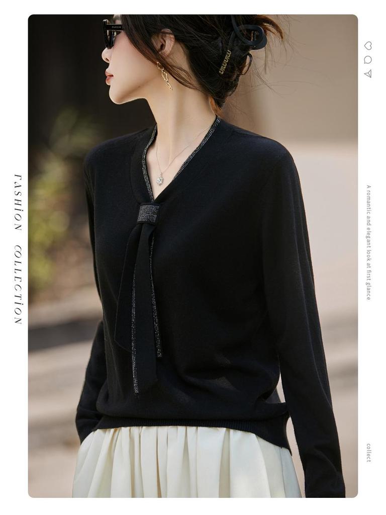 Women's Plus Size Rhinestone V-neck Knit Sweater - Autumn Fashion Long Sleeve Top