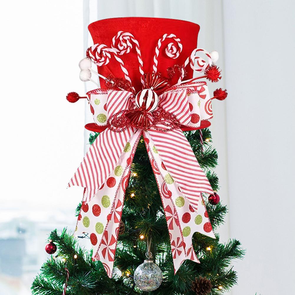 Reusable Foldable Christmas Tree Topper Hat with Festive Bow and Candy Design