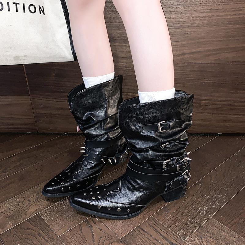 Fashion Punk Sle Ro Gothic Knight Boots Woman Rivet Chic Girls Pointed Toe High Top Boots Leather Inner Material Rubber Outsole Shoes