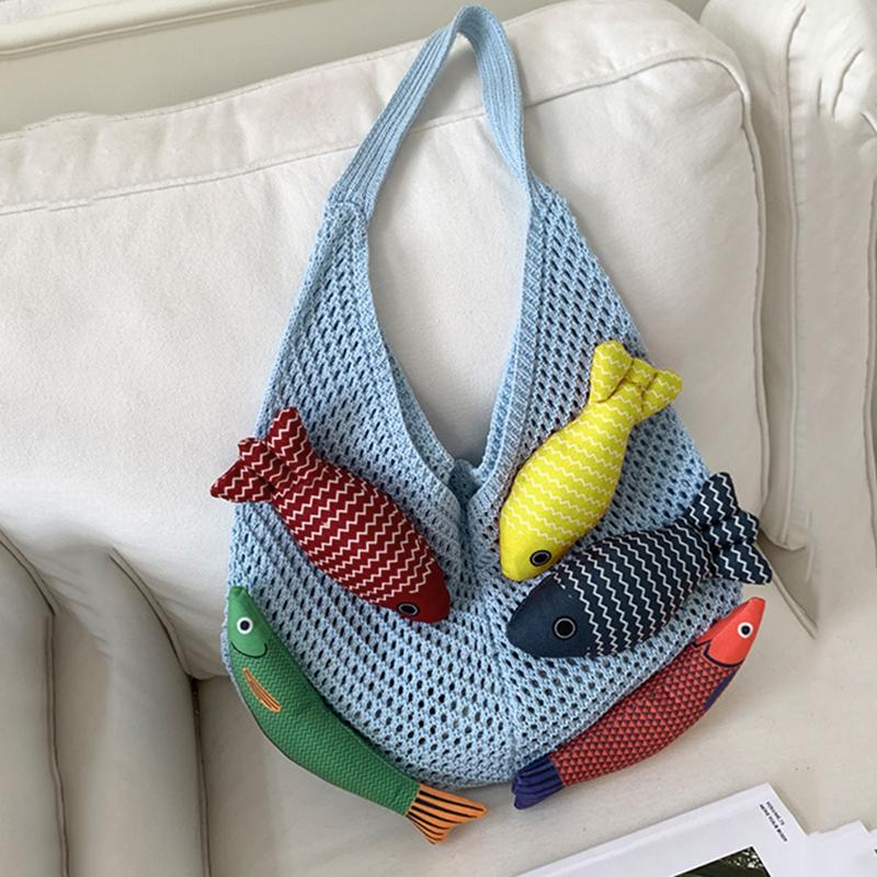 Yogodlns New Fish Cute Crochet Tote Bag Large Capacity Casual Woven Shoulder Bag Multicolor Handmade Knitted Bag