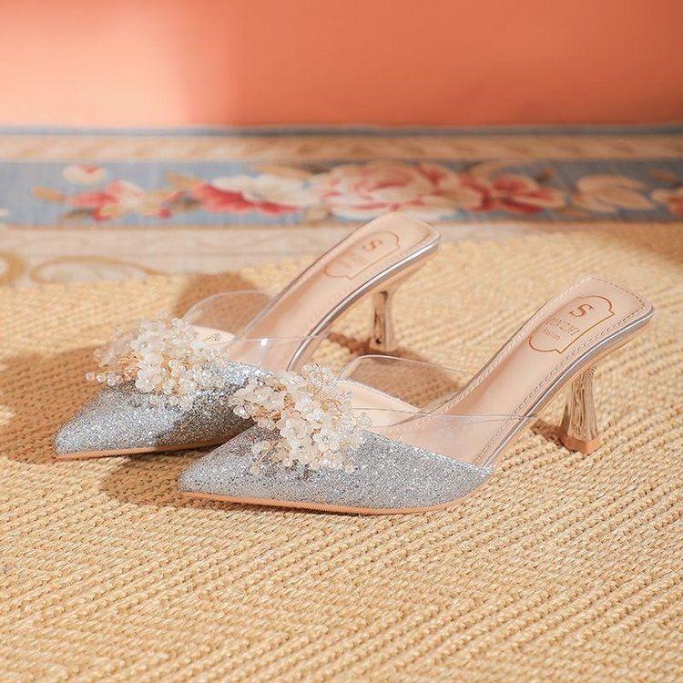 French sweet temperament bag head sandals women's 2025 spring and summer new pointed rhinestone bow comfortable high heels women's shoes