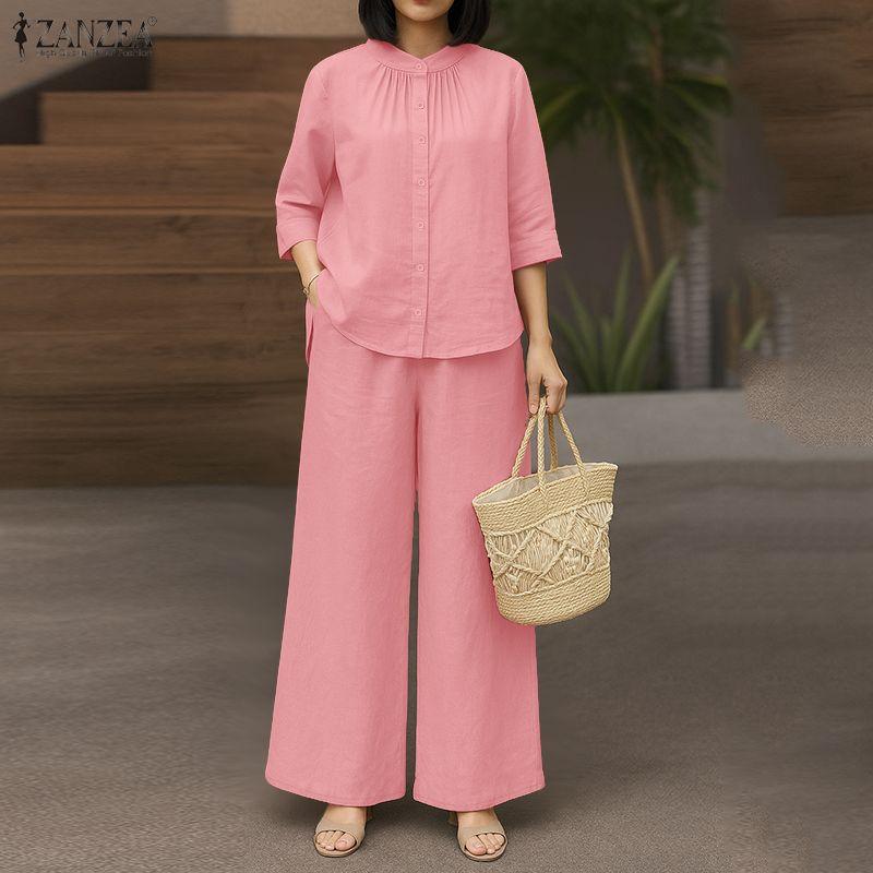 ZANZEA Women 3/4 Sleeve Blouse and Pants Casual Two Piece Suit Sets