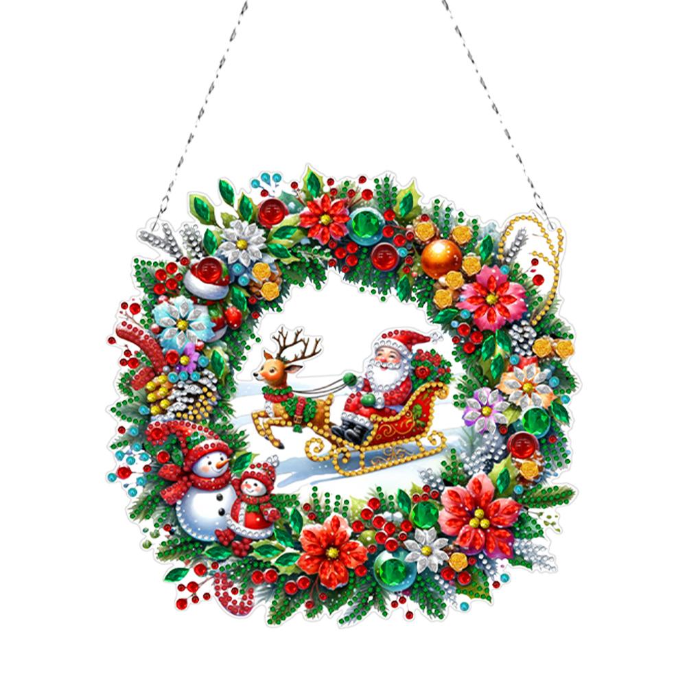 Acrylic Christmas Wreath 5D DIY Diamond Painting Dots Pendant Rhinestone Diamond Art Window Pendants for Christmas Decorations