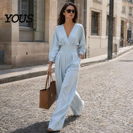 Everyday Wear Jumpsuit Women's Long Sleeve Jumpsuit, Deep V Neck Loose Wide Leg Plus Size Women Rompers, High Waist Summer Casual One Piece