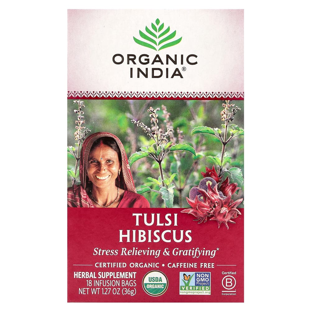 Organic India Tulsi Hibiscus Caffeine-Free Tea, 18 Tea Bags, 36g (1.27oz)