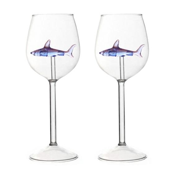 Zestaw Kieliszków do Wina Rekin Ręcznie Dmuchane Bezołowiowe Szkło Kielich z Rekinem 3D Wewnątrz 300ml Kreatywny Motyw Rekina Akcesoria Barowe Prezent dla Mężczyzn Kobiet Miłośników Rekinów