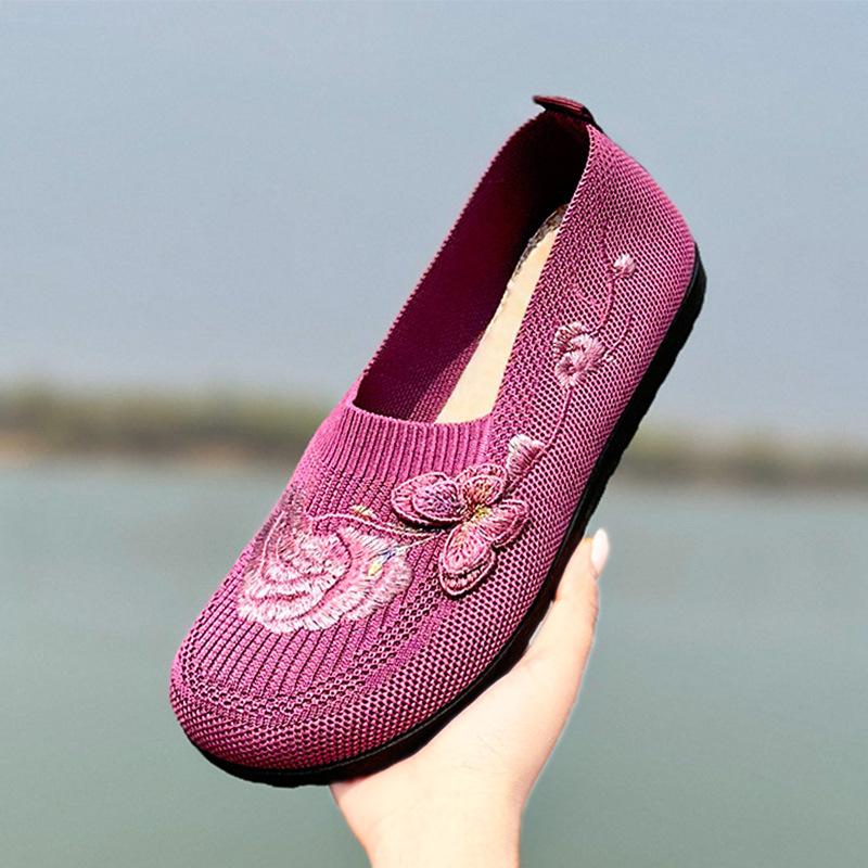 Women' Slip- Loafers with Floral Embroidery - Breathable Knit Soft Sole Non-Slip Sole Suitable for Mom Sneakers, Outdoor Footwear, Women Shoes