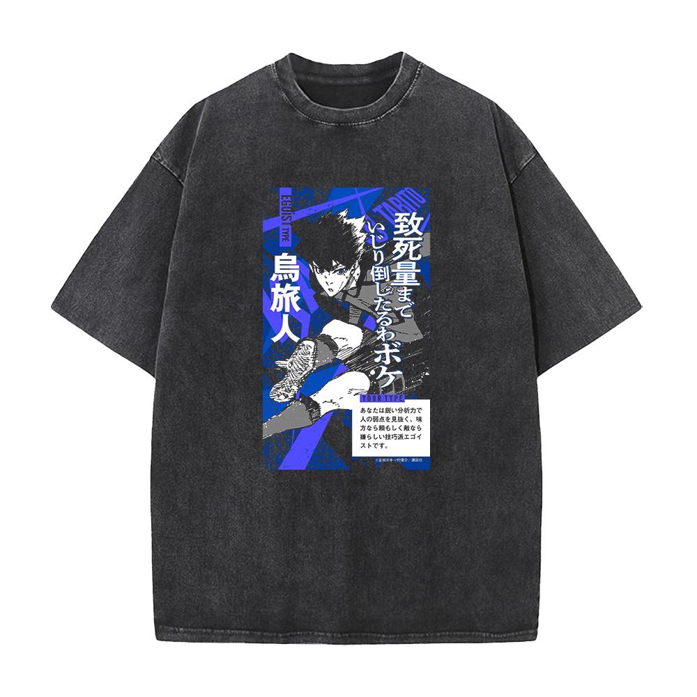 BLUE LOCK Anime Clothing Karasu Tabito Cool Print Washed T Shirt Men Street Cotton Tshirts Washed Manga Tee Harajuku T-shirt