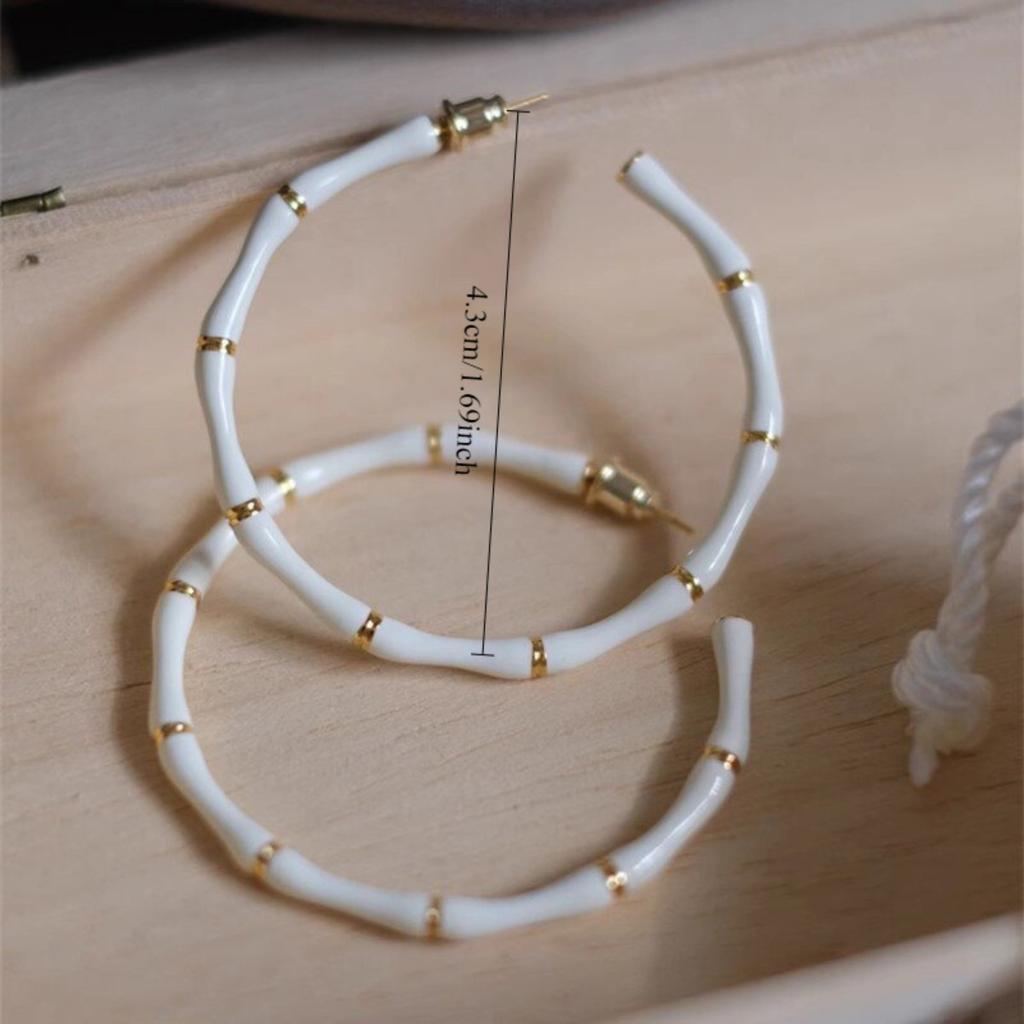 Bamboo Shaped White Enamel Hoop Earrings for Women Stylish Large Circle Earrings Fashion Party Daily Jewelry