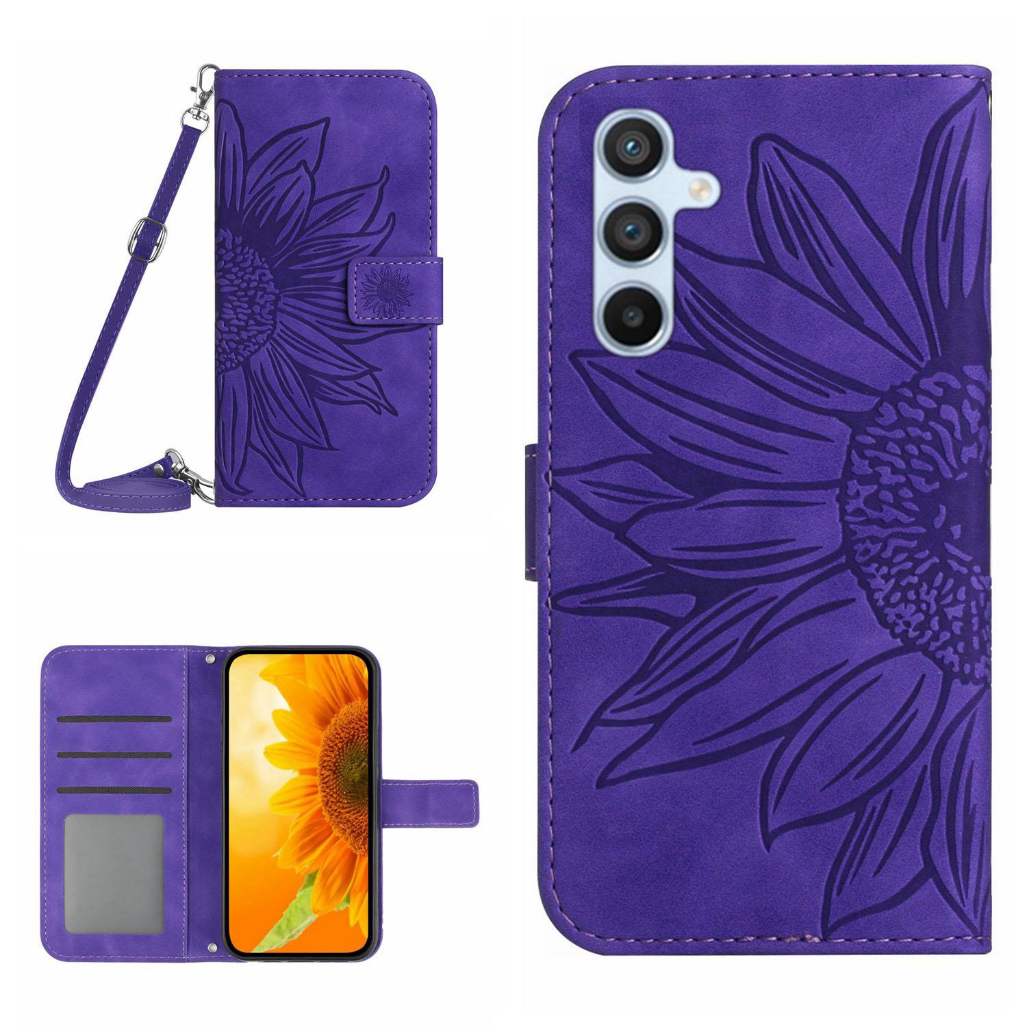 

HT04 For Samsung Galaxy A26 5G Case Sunflower Imprint PU Leather Phone Cover with Long Strap Dark Purple